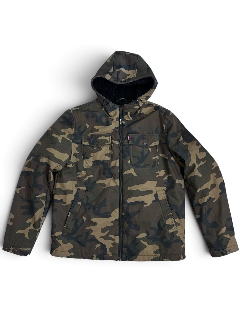 Levi’s Men L Camo Sherpa Lined Hooded Trucker Jacket Utility Military